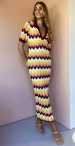 Steele Size S AU8 US2 Burgundy Yellow Kaia Knit Polo V-Neck Crochet Maxi Dress - Picture 1 of 17