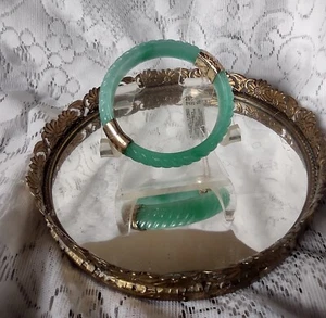 Vintage Green Jade Hinged Bangle Bracelet Plated With 14k - Picture 1 of 7
