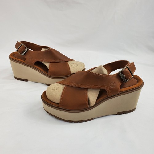 Timberland Womens Koralyn Size 9 Brown Cross Band Leather Wedge Y2K Sandals 90s