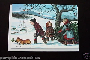 1 Tarjeta de Felicitación de Navidad Tasha Tudor de Colección Sin Usar Niños en el Bosque con Corgi - Imagen 1 de 5
