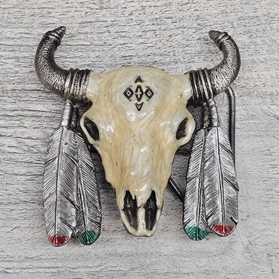 Fivela de cinto American Buckle Co bison caveira metal fundido 3 polegadas pena faroeste 1992 - Imagem 1 de 4