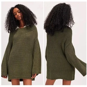 Free People Olive Combo Knit Boat Neck Charlotte Tunic Sweater Top M New - Picture 1 of 6