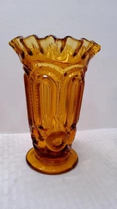 Vintage Amber Glass Moon And Stars Ruffled Edge Vase 6.5 In. Good, (112) - Picture 1 of 3
