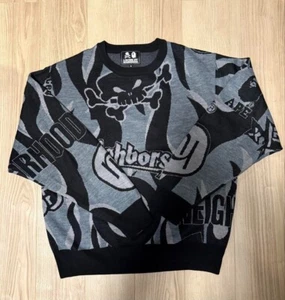 A Bathing Ape Bape Neighborhood Men's Knit Sweater Relaxed Fit Black Gray Skull - Picture 1 of 7