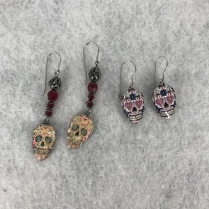 2 Pair Skull Earrings Colorful Pattern See Pics A51 - Picture 1 of 2