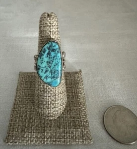 Vintage 60-70’s Sterling Silver Large Turquoise Stone Ring Black Spec Zuni - Picture 1 of 13