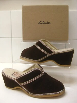 CLARKS MULES wedges CLOGS faux suede fur slippers warm hippy boho comfort shoes - Image 1 of 4