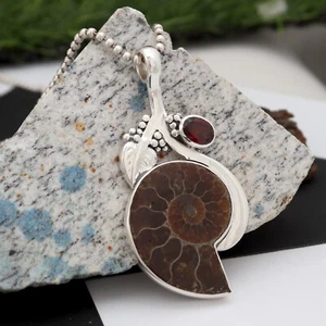 Fossil Ammonite & Garnet Pendant – 925 Sterling Silver Designer Jewelry Gift - Picture 1 of 6