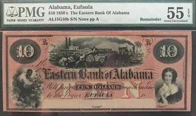 1859 Eufaula, AL- The Eastern Bank of Alabama $10 Remainder PMG 55 - Image 1 of 2