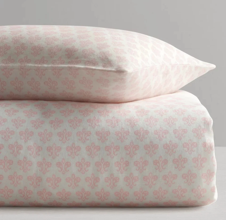 Restoration Hardware Baby & Child 100% Linen White Pink Paisley 3 Piece Set Crib - Image 1 of 4