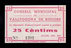 F.C. VALLFOGONA DE RIUCORP (TARRAGONA) , 25 CÈNTIMS 1937 , S/C . - Imagen 1 de 2