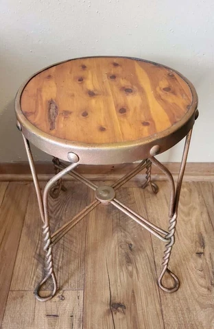Antique Wrought Iron Ice Cream Stool Wood Seat Copper Paint Cover