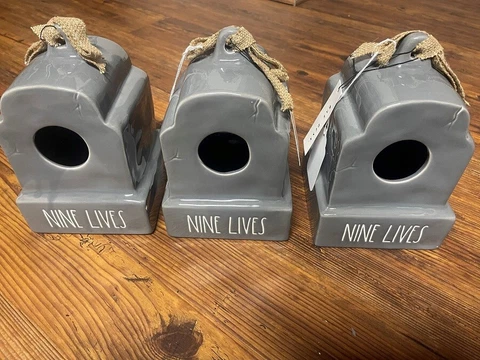 Rae Dunn Nine Lives Tombstone Birdhouse - 5x5x7.5” X 3 Brand New Cover