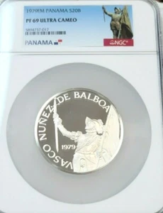 1979 PANAMA SILVER 20 BALBOAS VASCO NUNEZ NGC PF 69 ULTRA CAMEO HIGH GRADE COIN - Picture 1 of 6