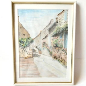 RUE FLEURIE dans un VILLAGE DESSIN ORIGINAL AU PASTEL sous Cadre - Imagen 1 de 5
