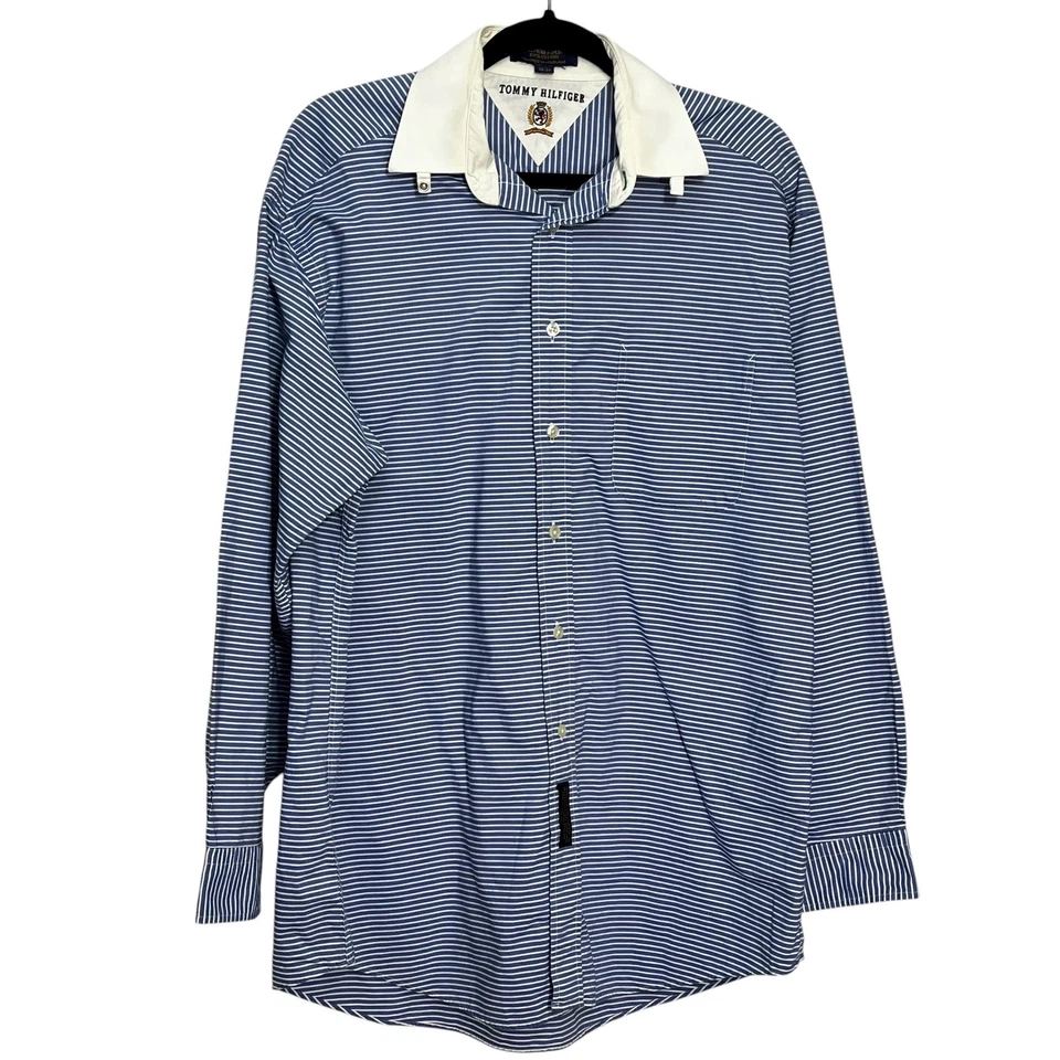 Camisa de vestir Tommy Hilfiger para hombre azul a rayas manga larga cuello talla 16-34 Foto 1 de 4
