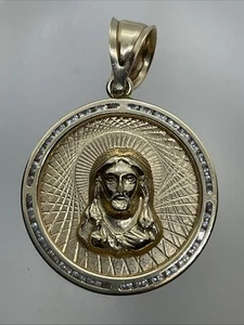 VINTAGE HANDMADE 14K Tricolor Gold White CZ JESUS CHRIST & VIRGIN MARY Pendant - Picture 1 of 21