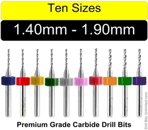 Drill Bit Set 10 Sizes From 1.4mm to 1.9mm .055 to .0748" Carbide 1/8 Shanks C2 - Picture 1 of 4