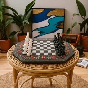 15" Vintage Style Marble Chess Set Red Floral Inlay Octagonal Board with Pieces - Picture 1 of 6
