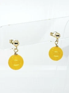 14k Yellow Gold Genuine Yellow Jade Ball Post Drop Dangle Earrings - Picture 1 of 3