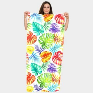 Multicolor Tropical Leaf Long Beach Pool Towel Converts Into Drawstring Backpack - Picture 1 of 2