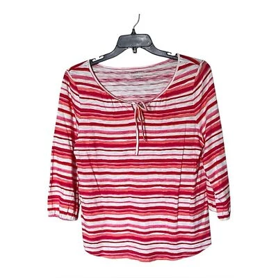 Talbots Gathered Tie-Neck Top in Pink and White Watercolor Stripe Size Large - Image 1 of 4