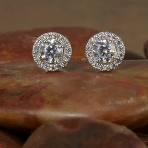 2.10Ctw Round Moissanite Halo Stud Screw Back Earring 14K White Gold Plated - Picture 1 of 10