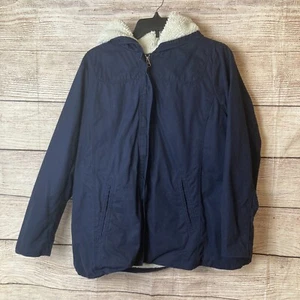 Gap Coat Womens Large Lined Jacket Blue Fuzzy Parka Hooded Medium Length - Picture 1 of 15