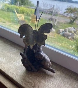 MCM Brutalist Brass Charles Marcak Butterfly on Burl Wood Base Vintage 6” - Picture 1 of 7