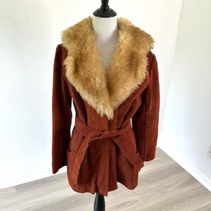 Vintage 60’s 70’s Burnt Orange Penny Lane Faux Fur Collar Suede Coat Size S/M - Picture 1 of 15