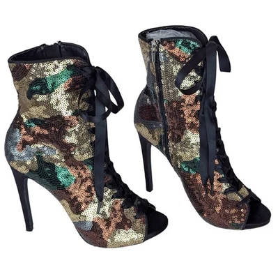 Wild Diva Lentejuelas Camuflaje Con Cordones Peep-Toe Botines 7.5 Cremallera Llamativo Glamour Foto 1 de 4