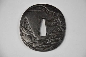 Era Tsuba HT-22 Iron Japanese Sword Guard Landscape Scene 69.6x65.5mm 103g - Picture 1 of 2