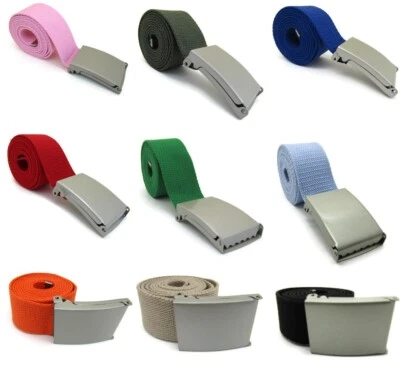 Unisex Ladies Cotton Fabric Plain Canvas Silver Buckle Belt Up To Size 16  - Image 1 of 4