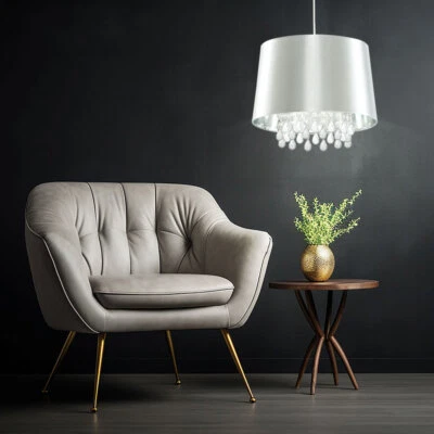 LED Cristallo Coprire Lampada a Sospensione Salotto Camera Kunst-Seide Argento - Immagine 1 di 4