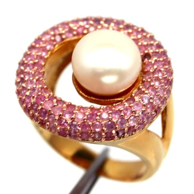 925 Sterlingsilber 10 Mm. Weiße Perle & Rosa Saphir Schmuck Ringgröße - Bild 1 von 4