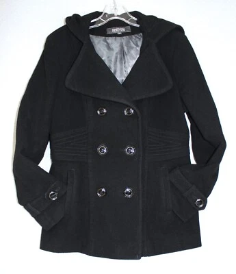 Kenneth Cole 反应豌豆外套女式 12 黑色双排扣羊毛混纺衬里 — 第 1/4 张图片