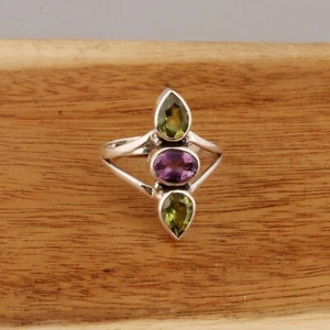Natural Amethyst And Peridot Handmade Silver Gemstone 925 Sterling Silver Ring - Picture 1 of 9