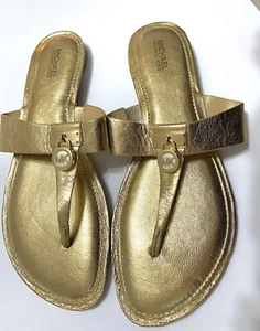 Authentische Michael Kors Gold Mk Plate Vorhängeschloss Leder Riemen Sandalen-NEU Größe 9,5 - Bild 1 von 8