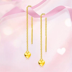 999 Pure Real 24K Yellow Gold For Women Loving Heart Earrings Drop 2.8inchL - Picture 1 of 5