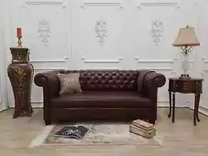 Noisettier, English Style , Dark Brown , Synthetic Leather Chesterfield Sofa - Picture 1 of 7