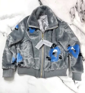 Andrew Marc  XL Bomber Jacket New York Women's Faux Fur Grey Floral Blue - Picture 1 of 6