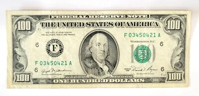 1981 One Hundred Dollar Bill $100, Federal Reserve Note, Serial # F03450421A - Image 1 of 2