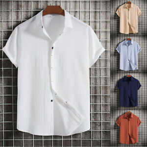Men Linen Style Short Sleeve Shirts Beach Casual Button Down Formal Dress Shirt