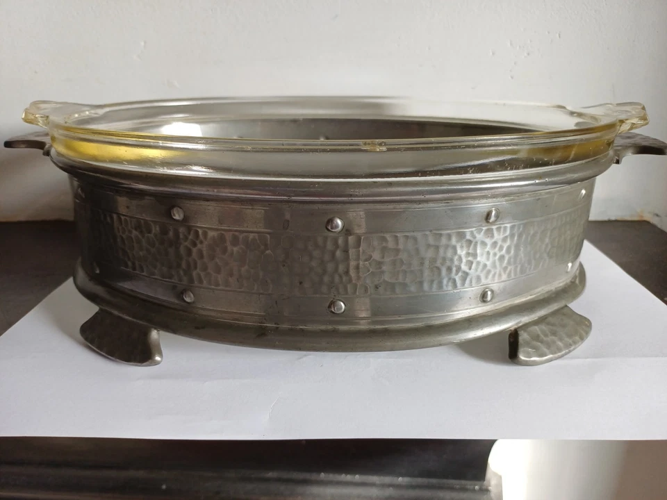 Vintage Glass Pyrex Dish With Arts And Crafts Style Pewter Stand. - Image 1 of 4