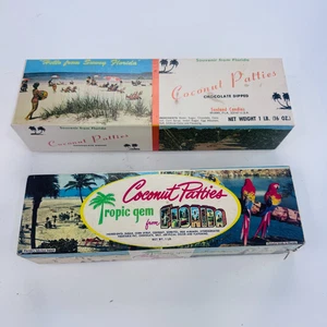 (MENGE 2) Vintage Kokosnuss Patties leere Schokoriegel Box Werbung Florida Tropic - Bild 1 von 9