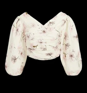 New EXPRESS Ruched Elastic Midriff Top Balloon Sleeve Blouse L Ivory Linen Blend - Picture 1 of 9