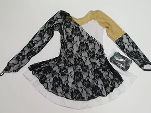 Eiskunstlauf Wettkampf Kleid weiß & schwarz Spitze geladen mit Kristallen Kind S - Bild 1 von 7