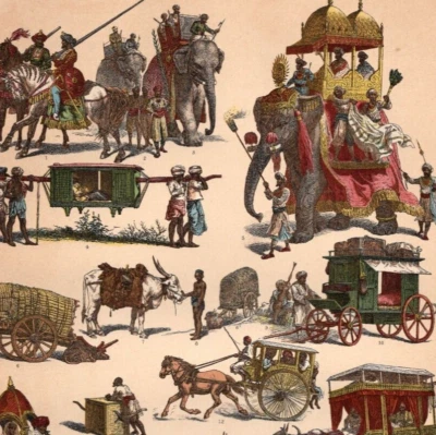 ELEFANTES DA ÍNDIA - Carrinho Howdah de transporte de carruagem 1884 impressão antiga com vídeo - Imagem 1 de 2