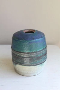 Vintage 1980s Hand Thrown Raku Vase Teal Cream Brown Rustic Pottery Earth Tone  - Picture 1 of 6