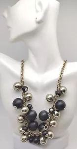 Liz Claiborne Chunky Black Gold Toned Cluster Bib Necklace Jewelry Gift Holiday - Picture 1 of 4
